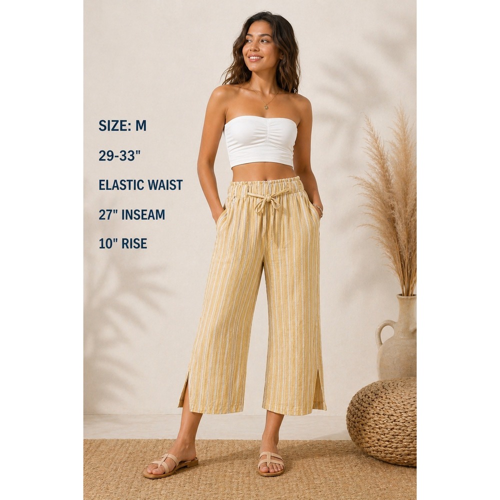 Bohemian Beach Linen Blend Wide Leg Pants Cropped Stripe Vacation Resort Size M